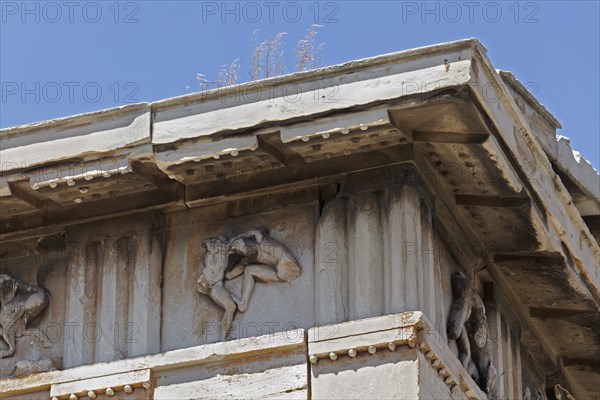 Triglyph frieze with fighting figures, detail from the Temple of Hephaestus, Theseion, Agora, Athens, Greece, Europe