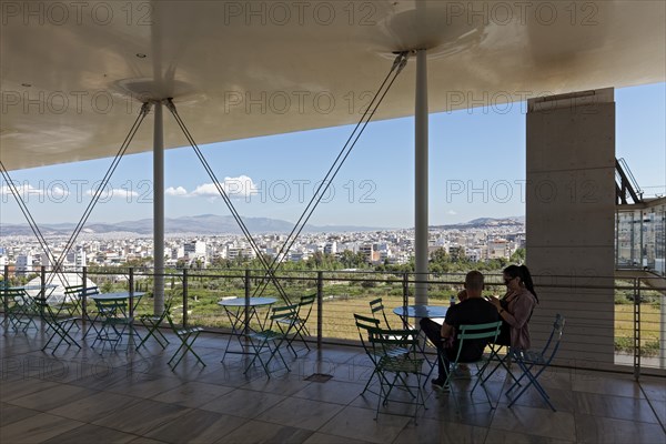 Couple on the panoramic terrace, view of the landscape park and Athens, Cultural Centre of the Stavros Niarchos Foundation, architect Renzo Piano, Kallithea, Athens Metropolitan Region, Greece, Europe