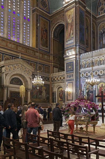 Worshippers at the Good Friday ceremony, Greek Orthodox Cathedral of the Annunciation, Mitropolis, Athens, Greece, Europe