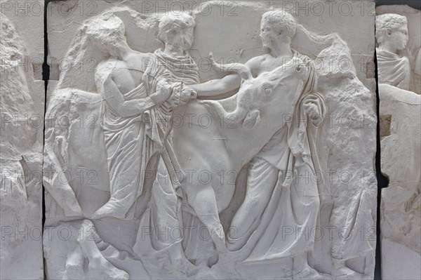 Men with bull, scene from the Parthenon frieze, reconstruction, Acropolis Museum, architect Bernard Tschumi, Athens, Greece, Europe