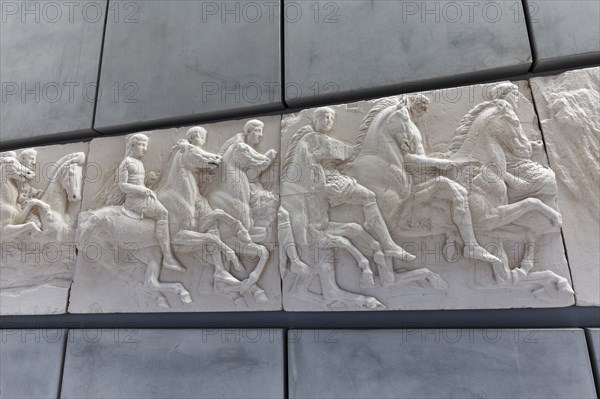 Scene with horsemen from the Parthenon frieze, reconstruction, Acropolis Museum, architect Bernard Tschumi, Athens, Greece, Europe