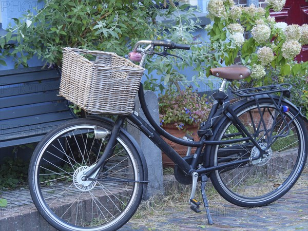 A bicycle with a basket stands next to a bench, surrounded by plants, Doesburg, Netherlands