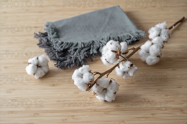 Fabrics made from sustainably and fairly grown cotton, two cloths and a twig on a wooden table, copy space, selected focus, narrow depth of field