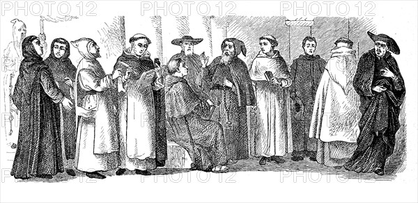 Religious costumes in the year 1880, from left: white bustle in Rome, Benedictines, Cistercians, Carthusians, Dominicans, Franciscans, Augustinians, Capuchins, Premonstratensians, Merciful Friars, Carmelites, Jesuits, Historical, digital reproduction of an original from the 19th century