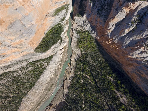 Deep gorge with steep, vegetation-rich rock faces and a river flowing through the narrow gorge, aerial view, Congost de Mont-rebei gorge, Noguera Ribagorçana Mont-rebei nature park Park, Montsec mountain range, Noguera Ribagorçana river, Lleida province, Catalonia, Aragon, Spain, Europe