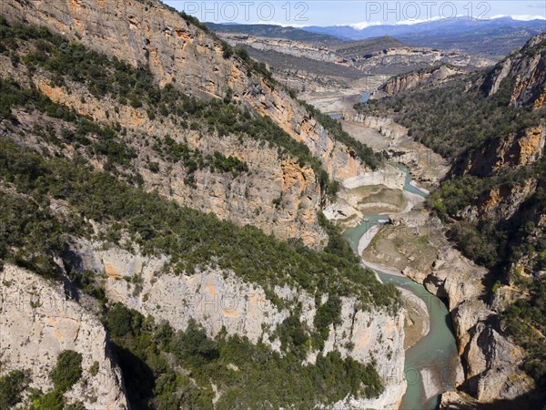 A dry river course winds through a deep gorge in a mountainous and wooded environment, aerial view, Congost de Mont-rebei gorge, Noguera Ribagorçana Mont-rebei Natural Park, Montsec mountain range, Noguera Ribagorçana river, Lleida province, Catalonia, Aragon, Spain, Europe