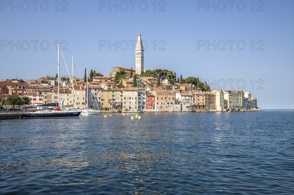 Old historic dreamy town on a beautiful island. Panorama of a romantic tourist town on a coast. Rovinj, Istria, Croatia, Europe