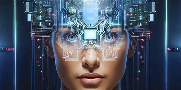 Illustration of a human brain merging with a woman's head intertwined with microchips and a processor, AI generated