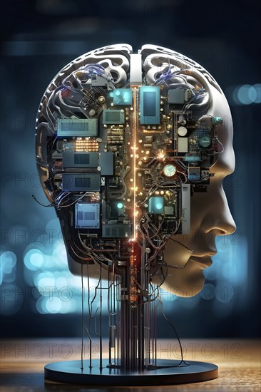 Illustration of a human brain merging with a man's head intertwined with microchips and a processor, AI generated