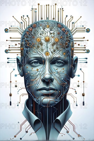 Illustration of a human brain merging with a man's head intertwined with microchips and a processor, AI generated