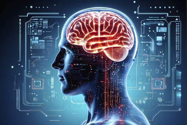 Illustration of a human brain merging with a man's head intertwined with microchips and a processor, AI generated