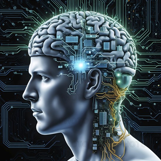 Illustration of a human brain merging with a man's head intertwined with microchips and a processor, AI generated