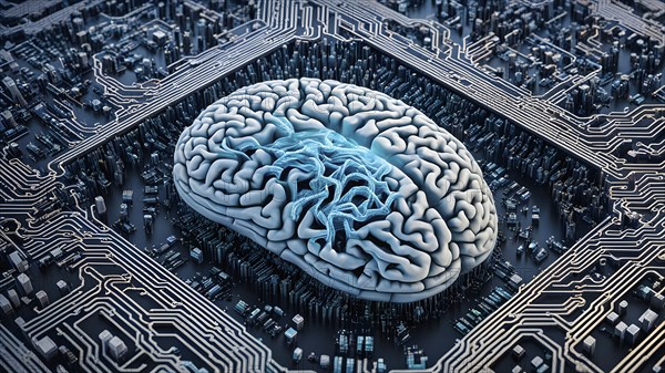 Illustration of a human brain intertwined with microchips and a processor, AI generated