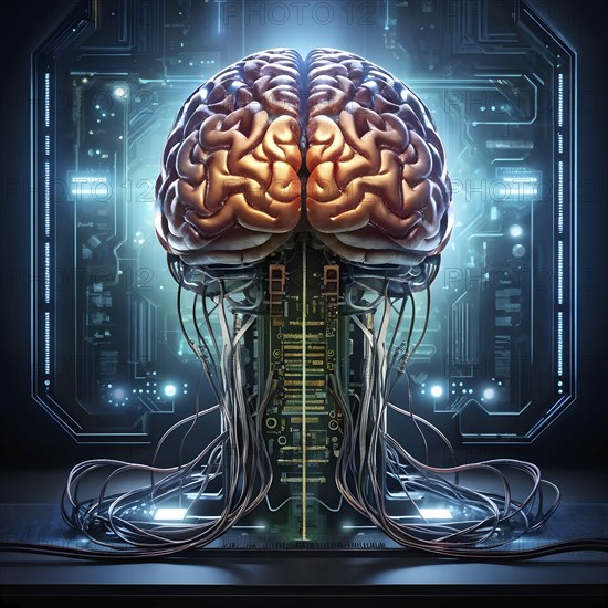 Illustration of a human brain intertwined with microchips and a processor, AI generated