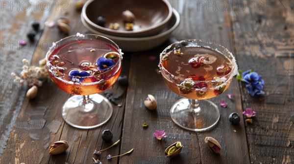 Two sophisticated cocktails garnished with flowers on a rustic wooden table with pistachios and blueberries, AI generated