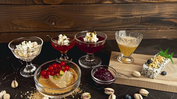 Variety of colorful desserts and cocktails on a wooden table with a sushi roll and elegant glassware, AI generated