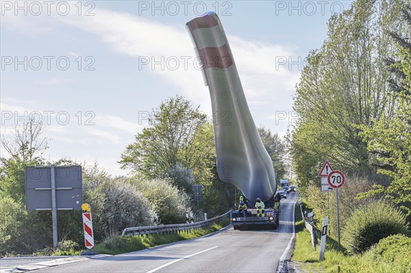 Heavy transport of a wind turbine blade lifted up to avoid obstacles and slowing the traffic on a narrow country road, industry for renewable energy, copy space, selected focus, narrow depth of field