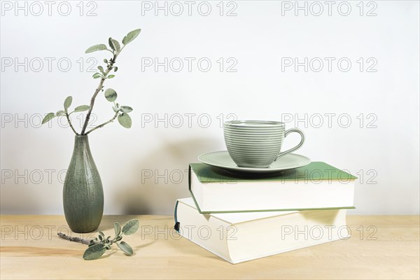 Wooden desk or table with books, a green tea cup and sage twigs in a small ceramic vase against a gray white wall, copy space, selected focus, narrow depth of field