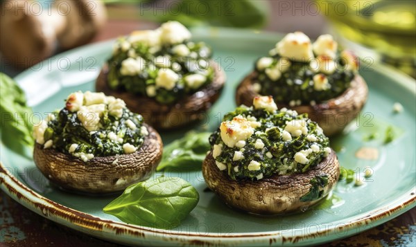 Spinach and feta stuffed mushrooms on a pastel green plate AI generated