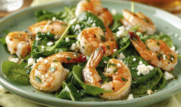 Shrimp and spinach salad with feta on a pastel green plate AI generated