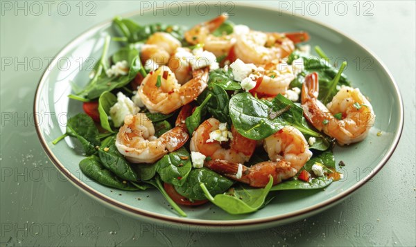 Shrimp and spinach salad with feta on a pastel green plate AI generated