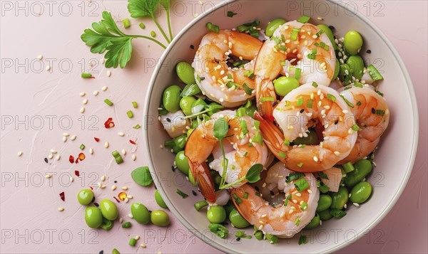 Shrimp and edamame salad with sesame seeds on a light pink background AI generated