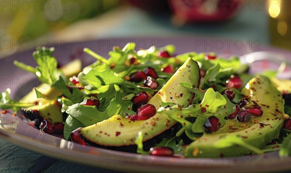 Avocado and pomegranate salad on a pastel purple plate AI generated