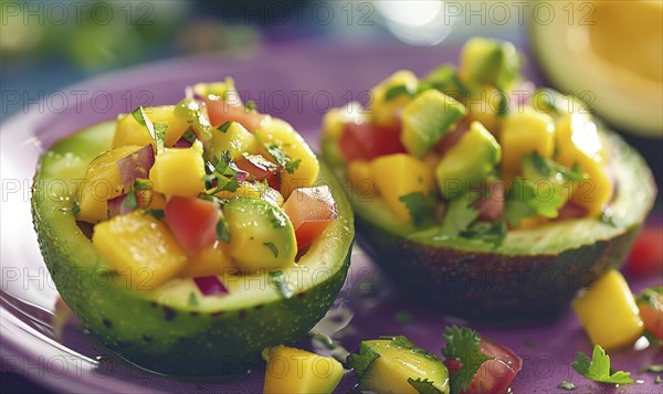 Avocado and mango salsa cups on a pastel purple plate AI generated