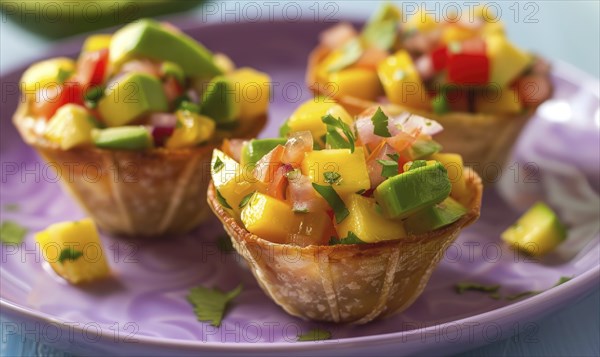 Avocado and mango salsa cups on a pastel purple plate AI generated