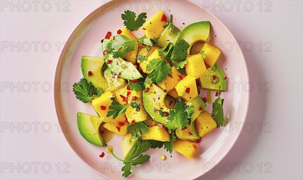 Avocado and mango salad with cilantro on a pastel pink plate AI generated