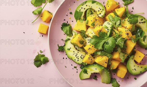 Avocado and mango salad with cilantro on a pastel pink plate AI generated