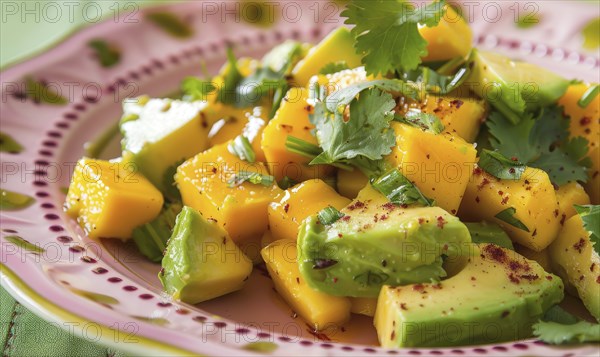 Avocado and mango salad with cilantro on a pastel pink plate AI generated