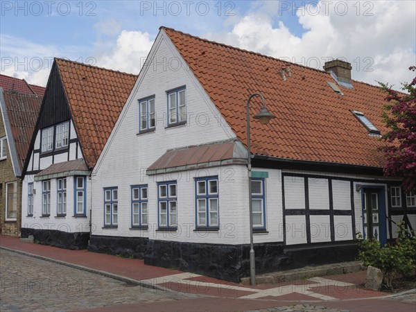 Traditional houses with red roofs and half-timbered houses along the street, Kappeln, SChleswig-Holstein, Germany, Europe