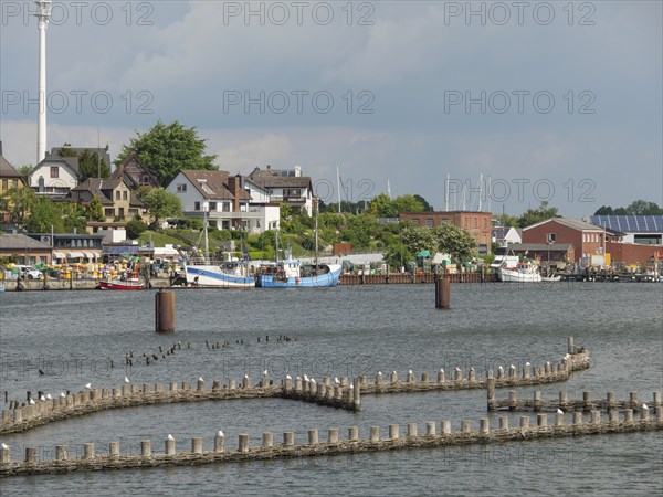 View of the harbour with fishing boats and buildings along the shore under a cloudy sky, Kappeln, Schleswig-Holstein, Germany, Europe