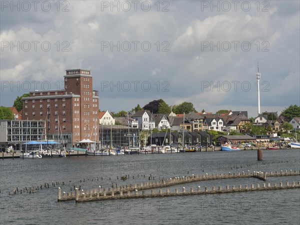 Town view with various buildings and boats on the waterfront under a cloudy sky, Kappeln, Schleswig-Holstein, Germany, Europe