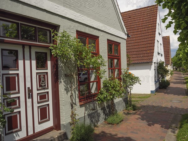 A brick-style house with red windows and a door, surrounded by plants, on a sunny day, Kappeln, Schleswig-Holstein, Germany, Europe