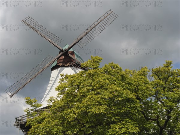 A large windmill rises into the sky, surrounded by dense green trees and a cloudy sky, Kappeln, Schleswig-Holstein, Germany, Europe