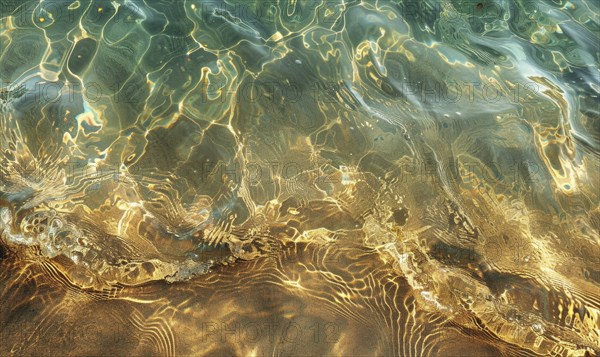 Clear water reflecting sunlight on a beach, creating ripples and patterns on the golden sand underneath AI generated