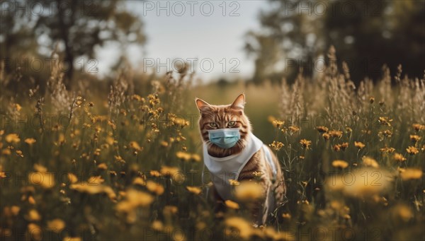 Cat with allergies in a medical mask in the spring, allergic reaction to flowers and dust in animals, AI generated