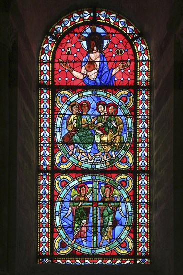 Romanesque stained glass window of the nave, Romanesque-Gothic Saint-Julien du Mans Cathedral, Le Mans, Sarthe department, Pays de la Loire region, France, Europe