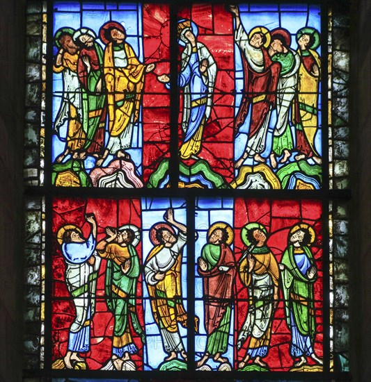 Romanesque stained glass window of the nave, motif of the Assumption, oldest preserved stained glass window in a church Romanesque-Gothic cathedral Saint-Julien du Mans, Le Mans, Departement Sarthe, Region Pays de la Loire, France, Europe