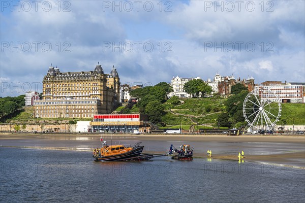 RNLI Scarborough Lifeboat Station and boat over Scarborough Beach, Scarborough, North Yorkshire, England, United Kingdom, Europe