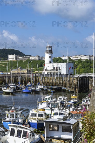 Scarborough Lighthouse and Harbour, Vincent Pier, Scarborough, North Yorkshire, England, United Kingdom, Europe