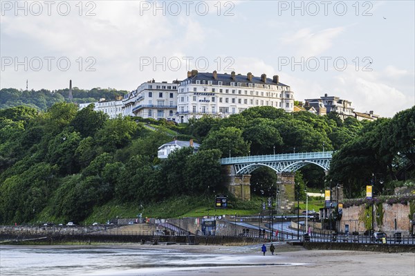 View over Scarborough Beach and South Bay Beach, Scarborough, North Yorkshire, England, United Kingdom, Europe