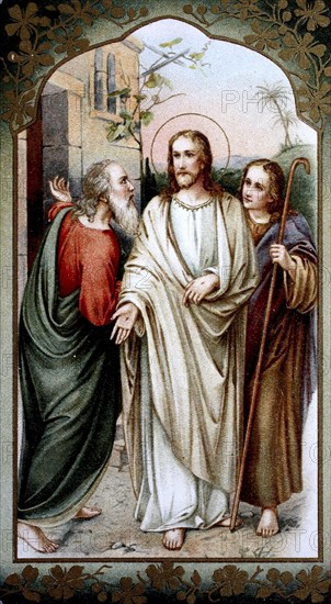 A holy picture with a depiction of Easter, Christ with the two disciples in Emmaus near Jerusalem, 1900, Austria, Historical, digital reproduction of an original from the 19th century, Europe