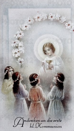 Holy picture, commemoration of the first holy communion, 1910, Germany, historical, digital reproduction of an original from the 19th century, Europe