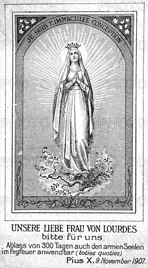 Indulgence picture with the image of Our Lady of Lordes, applicable for 300 days, 1895, Historical, digital reproduction of an original from the 19th century