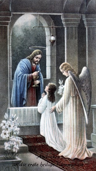 Holy picture, commemoration of the first holy communion, Germany, 1900, historical, digital reproduction of an original from the 19th century, Europe