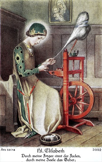 Portrait of St Elisabeth spinning, 1900, Germany, Historical, digital reproduction of an original from the 19th century, Europe