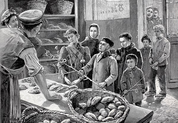 Children cariding, begging for bread and pastries in a bakery, in the Mark Brandenburg, around 1896, Germany, Historical, digital reproduction of an original from the 19th century, Europe